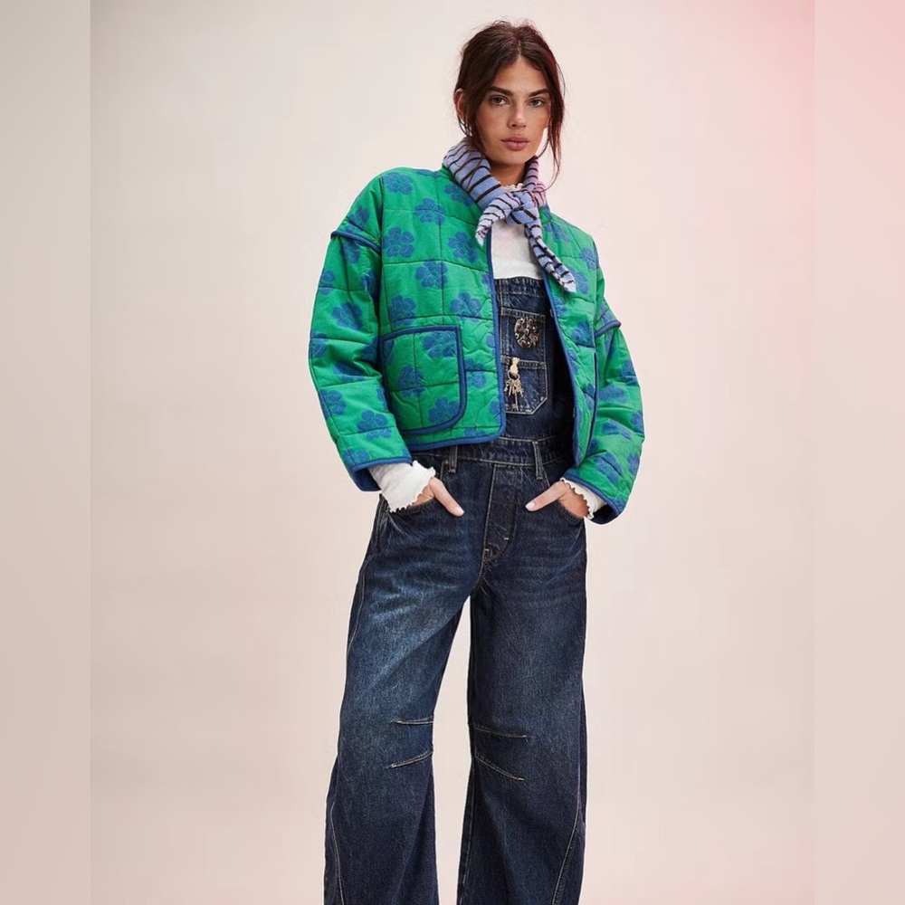 Free People Green Quilted Cropped Jacket with Blue Floral Print